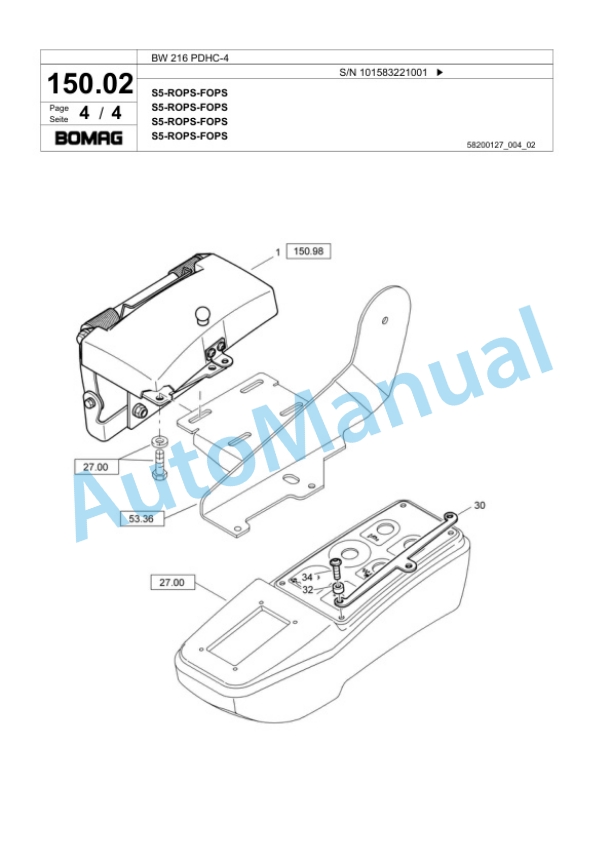 Bomag BW 216 PDHC-4 Single Drum Wheel Drive Vibratory Roller Spare Parts Catalogue 00818349-4