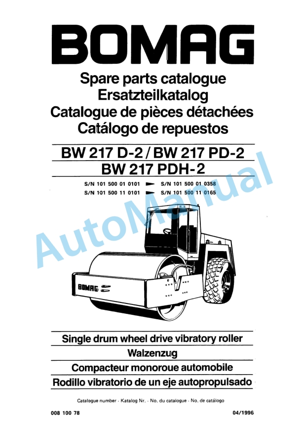Bomag BW 217 D-2, BW 217 PD-2, BW 217 PDH-2 Single Drum Wheel Drive Vibratory Roller Spare Parts Catalogue 00810078