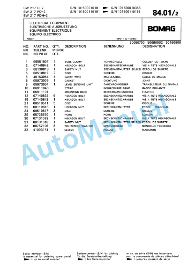 Bomag BW 217 D-2, BW 217 PD-2, BW 217 PDH-2 Single Drum Wheel Drive Vibratory Roller Spare Parts Catalogue 00810078-3