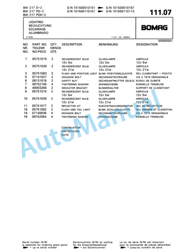 Bomag BW 217 D-2, BW 217 PD-2, BW 217 PDH-2 Single Drum Wheel Drive Vibratory Roller Spare Parts Catalogue 00810078-4