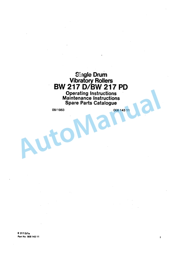 Bomag BW 217 D, BW 217 PD Single Drum Vibratory Roller Spare Parts Catalogue 00814311