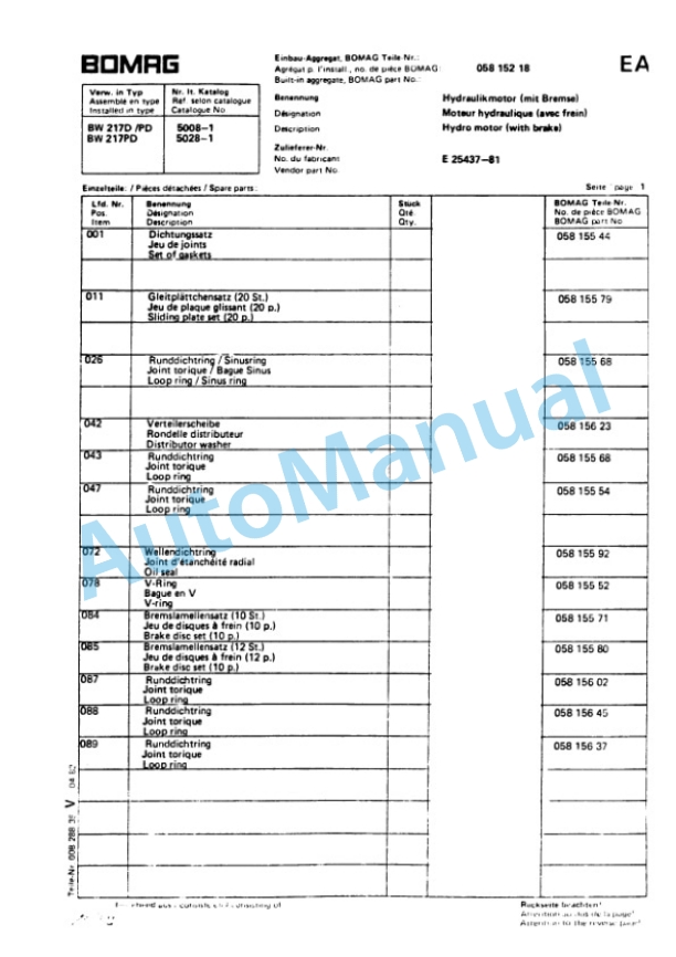 Bomag BW 217 D, BW 217 PD Single Drum Vibratory Roller Spare Parts Catalogue 00814311-2