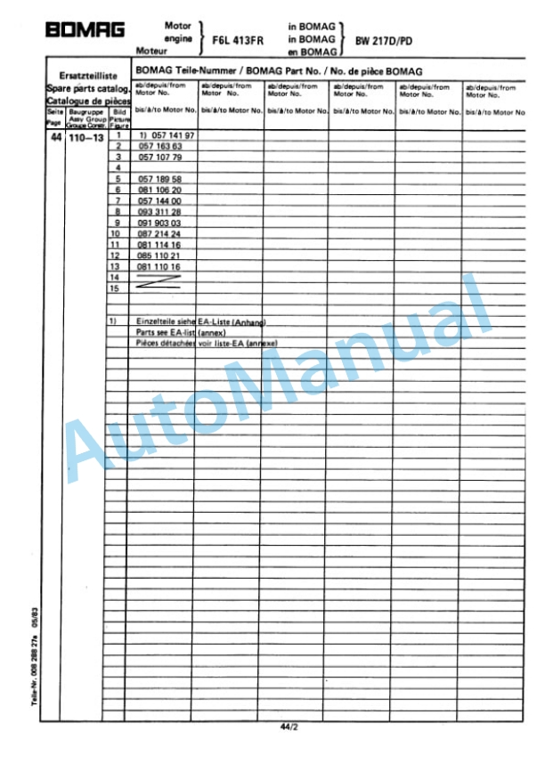 Bomag BW 217 D, BW 217 PD Single Drum Vibratory Roller Spare Parts Catalogue 00814314-3