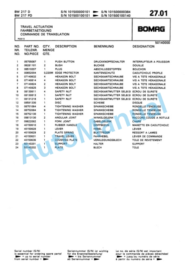 Bomag BW 217 D, BW 217 PD Single Drum Wheel Drive Vibratory Roller Spare Parts Catalogue 00810040-2