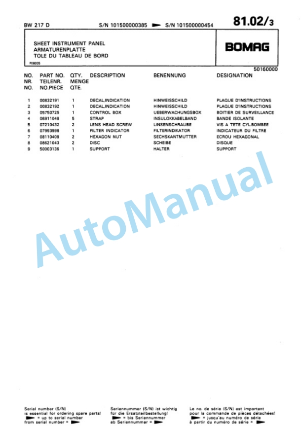 Bomag BW 217 D, BW 217 PD Single Drum Wheel Drive Vibratory Roller Spare Parts Catalogue 00810040-4