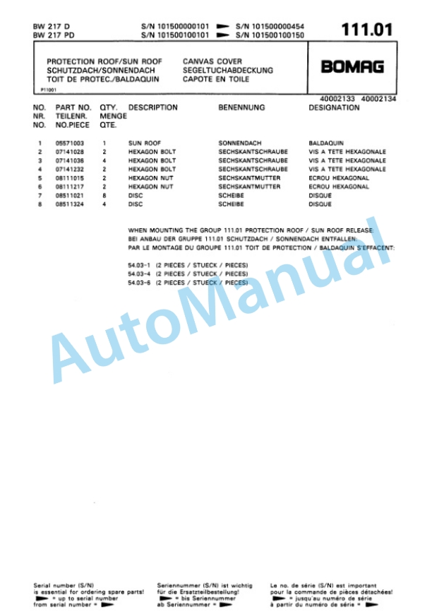 Bomag BW 217 D, BW 217 PD Single Drum Wheel Drive Vibratory Roller Spare Parts Catalogue 00810040-5