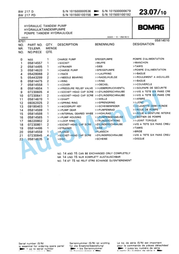 Bomag BW 217 D, BW 217 PD Single Drum Wheel Drive Vibratory Roller Spare Parts Catalogue 00810240-2