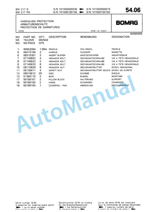 Bomag BW 217 D, BW 217 PD Single Drum Wheel Drive Vibratory Roller Spare Parts Catalogue 00810240-3