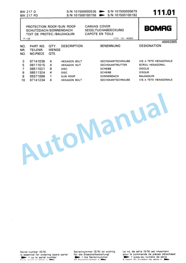 Bomag BW 217 D, BW 217 PD Single Drum Wheel Drive Vibratory Roller Spare Parts Catalogue 00810240-5