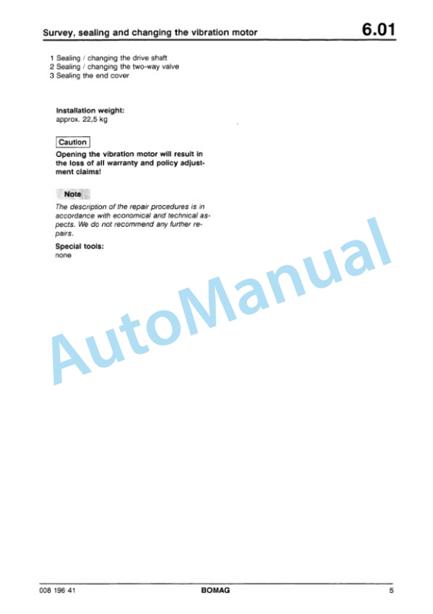 Bomag BW 217 PD-2 Single Drum Wheel Drive Repair Instructions 00819461-5