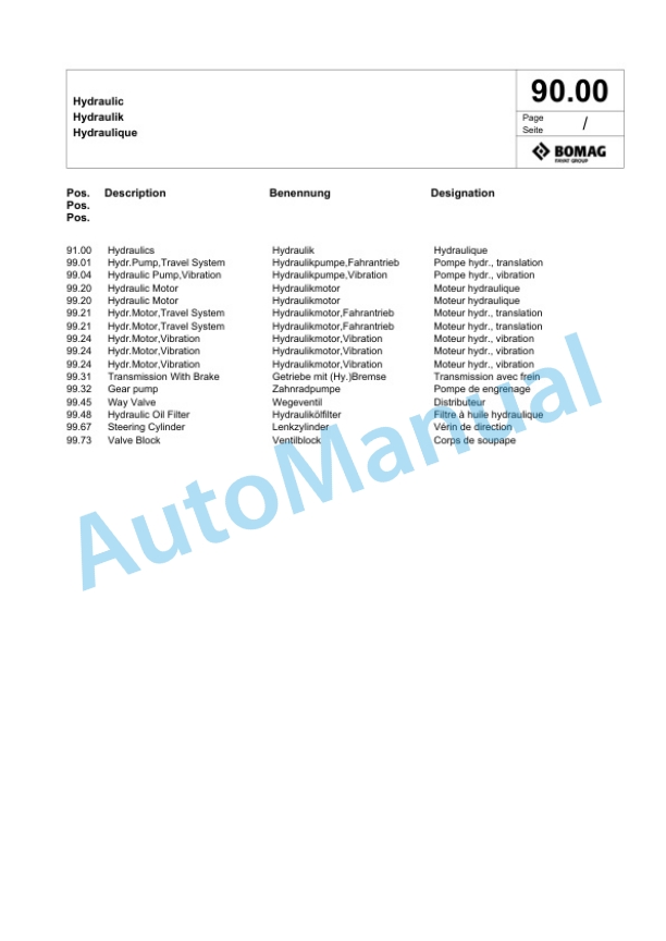 Bomag BW 218 D-40 Single Drum Wheel Drive Vibratory Roller Spare Parts Catalogue 00818671-2