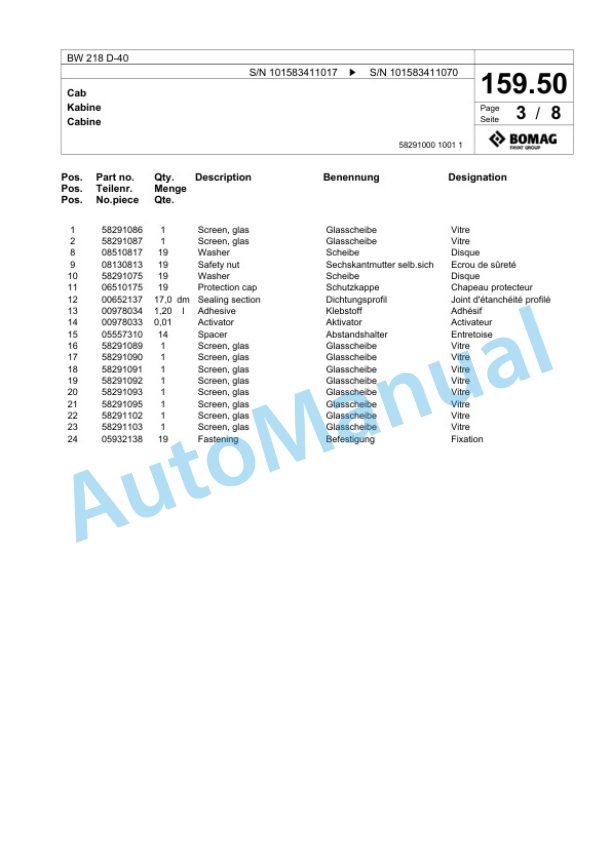 Bomag BW 218 D-40 Single Drum Wheel Drive Vibratory Roller Spare Parts Catalogue 00818671-5