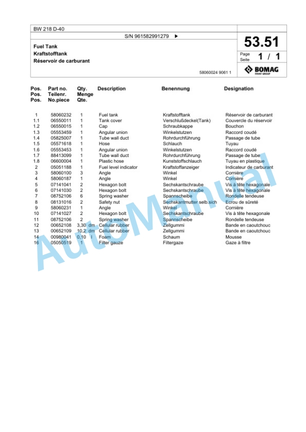Bomag BW 218 D-40 Single Drum Wheel Drive Vibratory Roller Spare Parts Catalogue 00826187-2