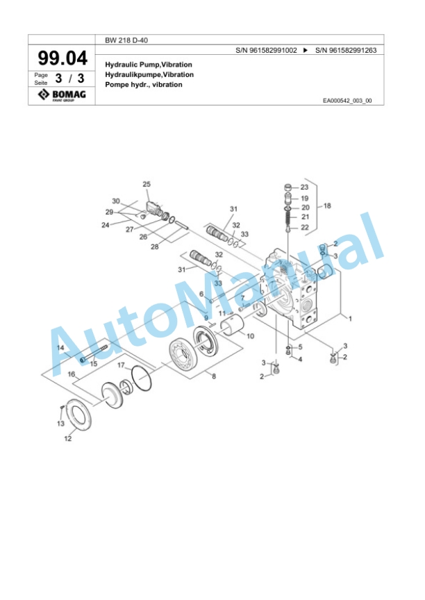 Bomag BW 218 D-40 Single Drum Wheel Drive Vibratory Roller Spare Parts Catalogue 00826187-3