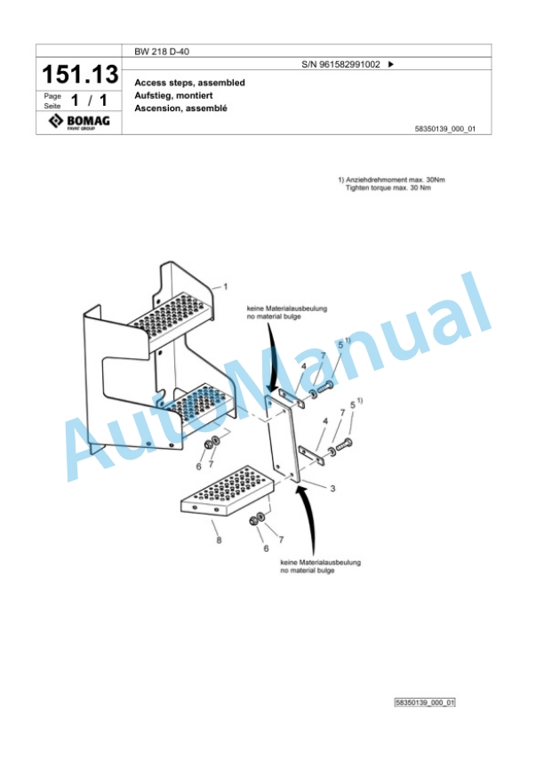 Bomag BW 218 D-40 Single Drum Wheel Drive Vibratory Roller Spare Parts Catalogue 00826187-5