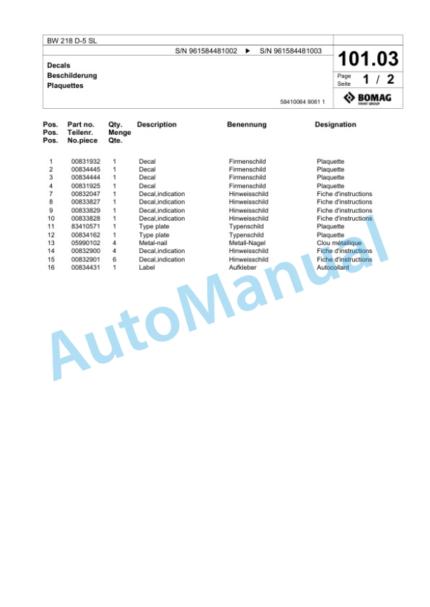 Bomag BW 218 D-5 SL Single Drum Wheel Drive Vibratory Roller Spare Parts Catalogue 00826389-3