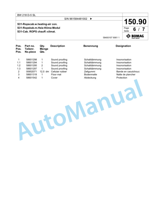 Bomag BW 218 D-5 SL Single Drum Wheel Drive Vibratory Roller Spare Parts Catalogue 00826389-4