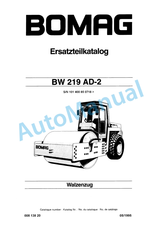 Bomag BW 219 AD-2 Single Drum Roller Spare Parts Catalogue 00813820 GE