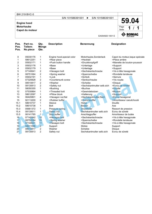 Bomag BW 219 BVC-5 Single Drum Wheel Drive Vibratory Roller Spare Parts Catalogue 00824831-2