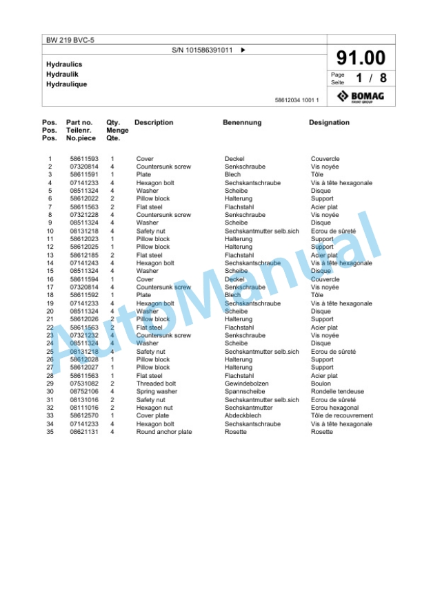 Bomag BW 219 BVC-5 Single Drum Wheel Drive Vibratory Roller Spare Parts Catalogue 00824831-3
