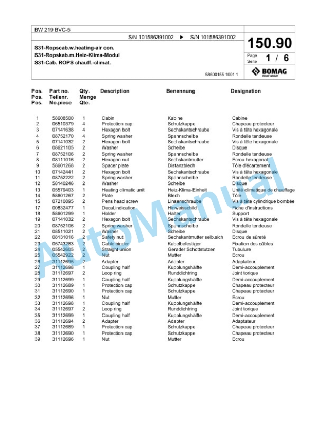 Bomag BW 219 BVC-5 Single Drum Wheel Drive Vibratory Roller Spare Parts Catalogue 00824831-5