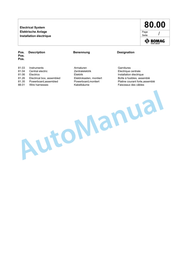 Bomag BW 219 BVC-5 Single Drum Wheel Drive Vibratory Roller Spare Parts Catalogue 00825707-2