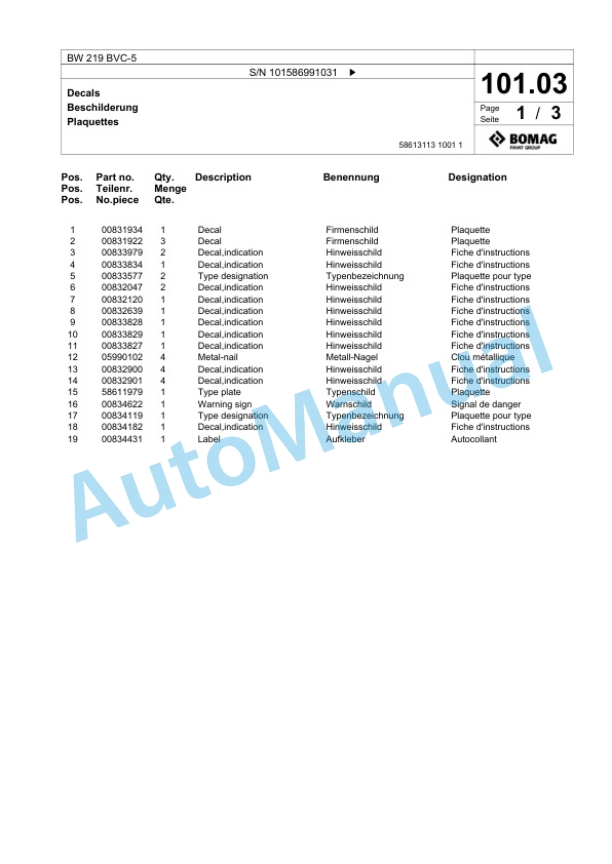 Bomag BW 219 BVC-5 Single Drum Wheel Drive Vibratory Roller Spare Parts Catalogue 00825707-3