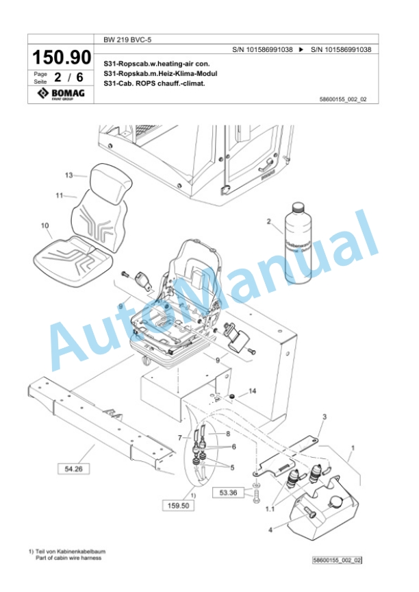 Bomag BW 219 BVC-5 Single Drum Wheel Drive Vibratory Roller Spare Parts Catalogue 00825707-4