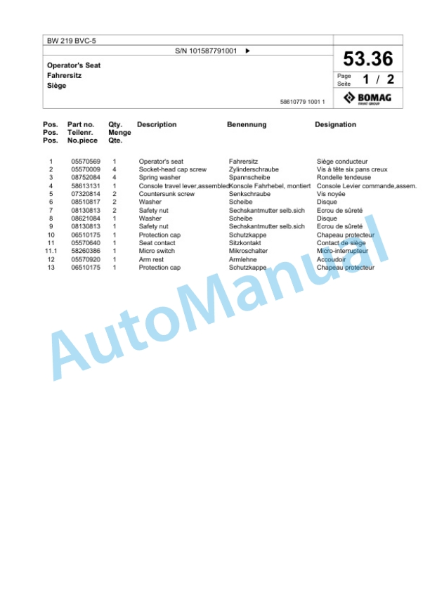 Bomag BW 219 BVC-5 Single Drum Wheel Drive Vibratory Roller Spare Parts Catalogue 00826787-2