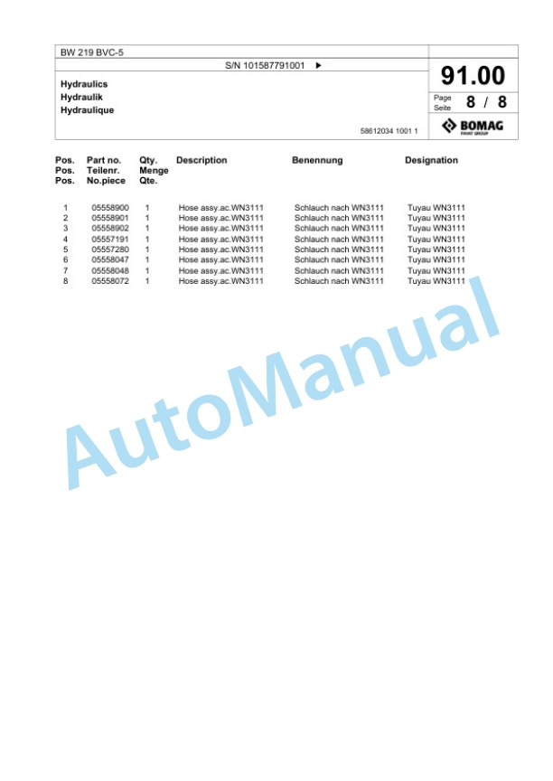 Bomag BW 219 BVC-5 Single Drum Wheel Drive Vibratory Roller Spare Parts Catalogue 00826787-3