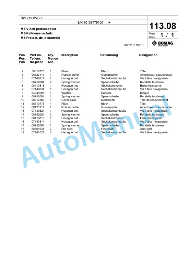 Bomag BW 219 BVC-5 Single Drum Wheel Drive Vibratory Roller Spare Parts Catalogue 00826787-4