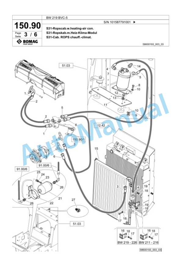 Bomag BW 219 BVC-5 Single Drum Wheel Drive Vibratory Roller Spare Parts Catalogue 00826787-5