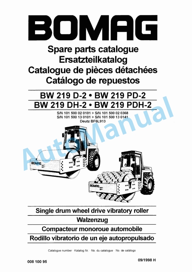 Bomag BW 219 D-2 to BW 219 PDH-2 Single Drum Wheel Drive Vibratory Roller Spare Parts Catalogue 00810095