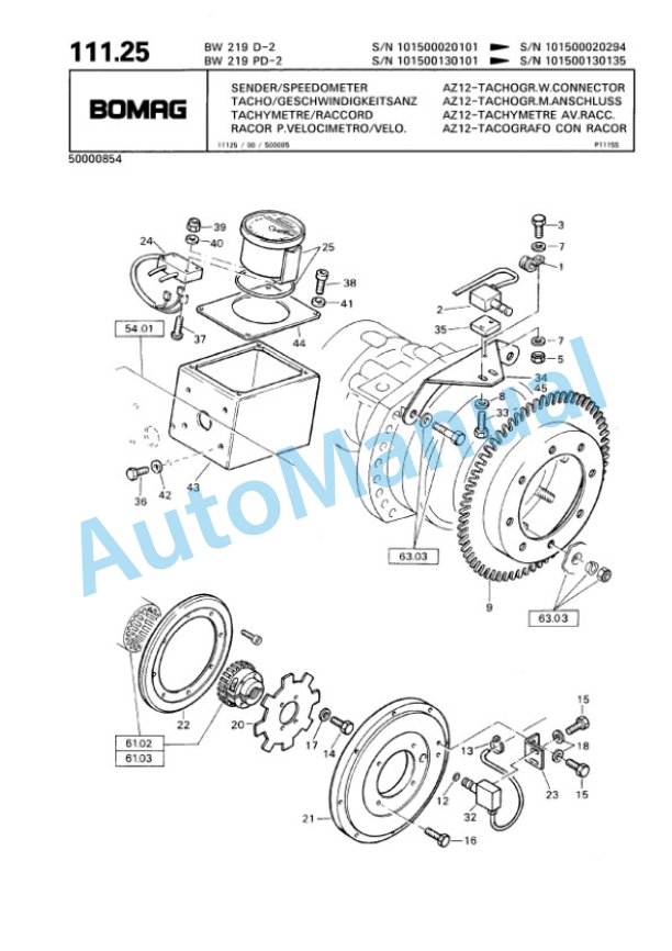 Bomag BW 219 D-2 to BW 219 PDH-2 Single Drum Wheel Drive Vibratory Roller Spare Parts Catalogue 00810095-4