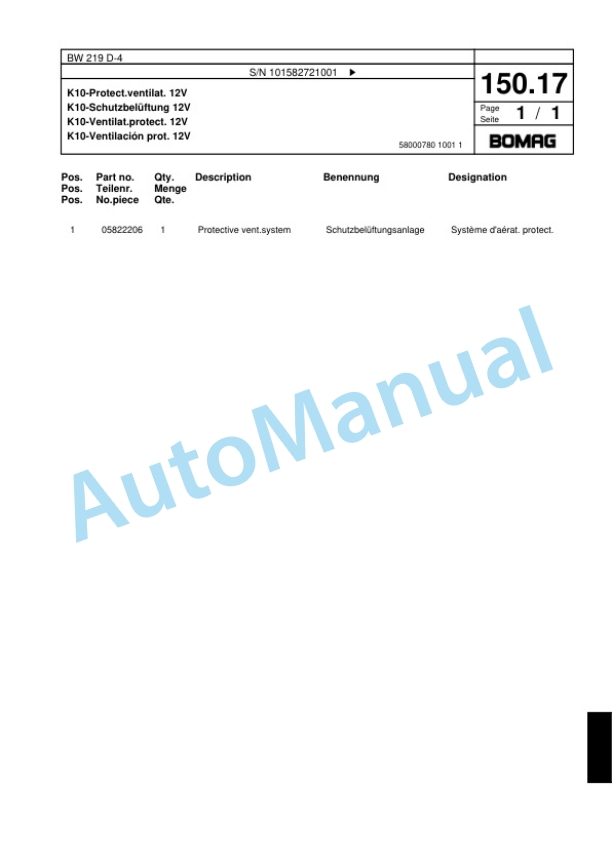 Bomag BW 219 D-4 Single Drum Wheel Drive Vibratory Roller Spare Parts Catalogue 00817835-3