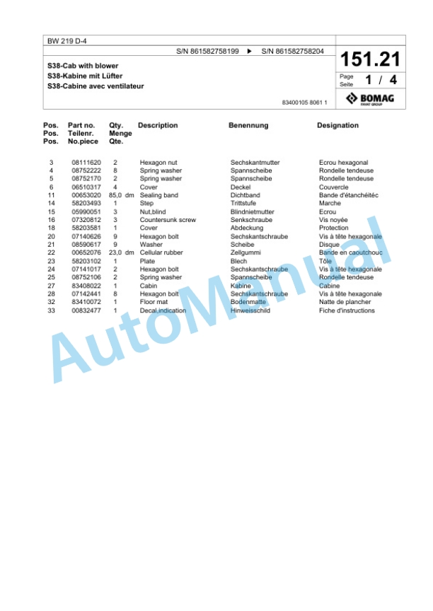 Bomag BW 219 D-4 Single Drum Wheel Drive Vibratory Roller Spare Parts Catalogue 00818373-4