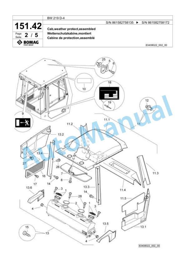Bomag BW 219 D-4 Single Drum Wheel Drive Vibratory Roller Spare Parts Catalogue 00818373-5