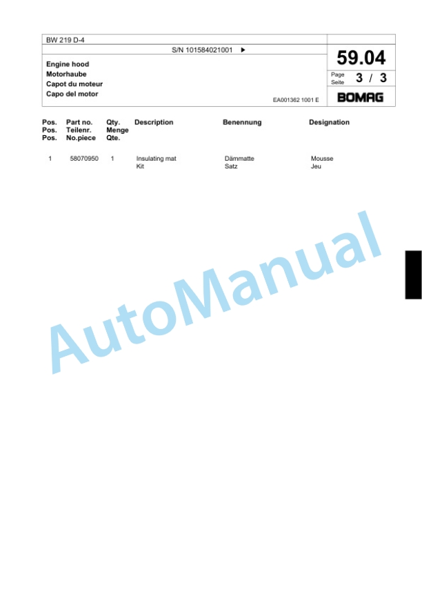 Bomag BW 219 D-4 Single Drum Wheel Drive Vibratory Roller Spare Parts Catalogue 00818853-2
