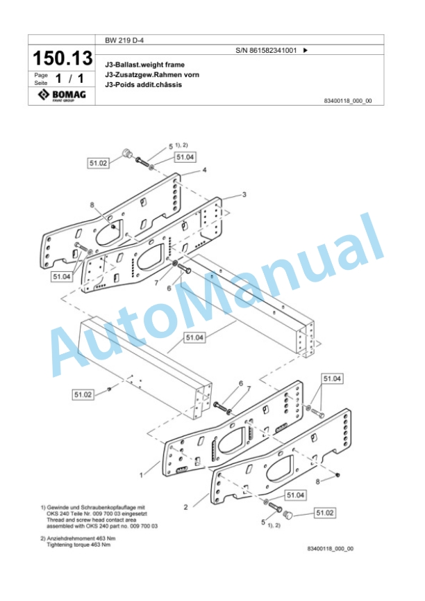 Bomag BW 219 D-4 Single Drum Wheel Drive Vibratory Roller Spare Parts Catalogue 00824821-3