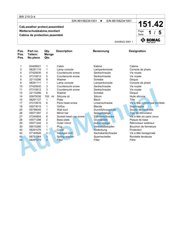 Bomag BW 219 D-4 Single Drum Wheel Drive Vibratory Roller Spare Parts Catalogue 00824821-5