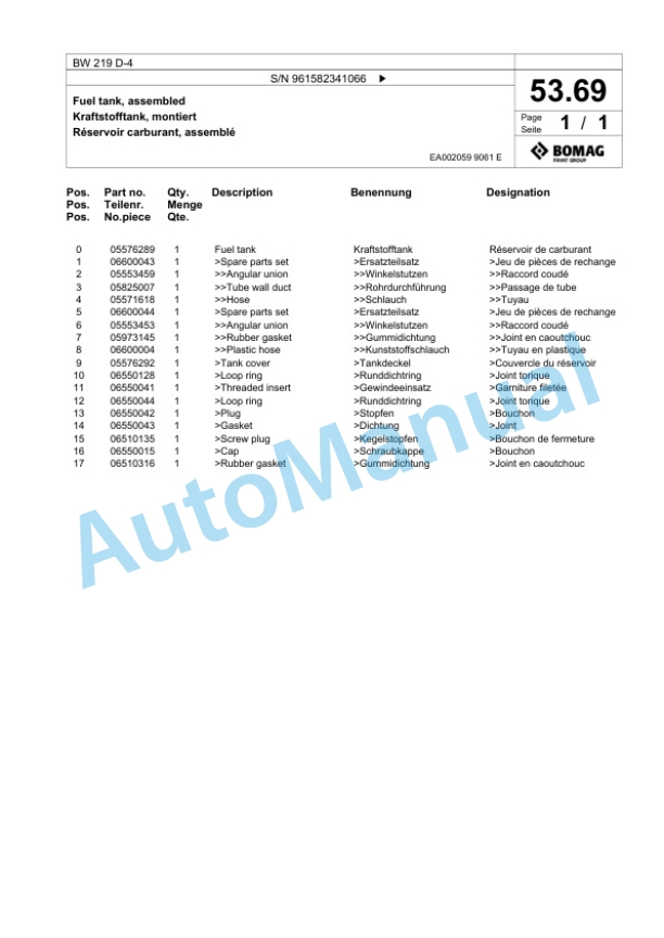 Bomag BW 219 D-4 Single Drum Wheel Drive Vibratory Roller Spare Parts Catalogue 00826179-2