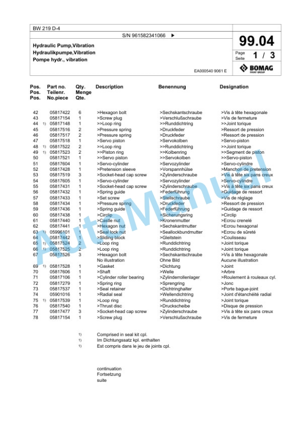 Bomag BW 219 D-4 Single Drum Wheel Drive Vibratory Roller Spare Parts Catalogue 00826179-3
