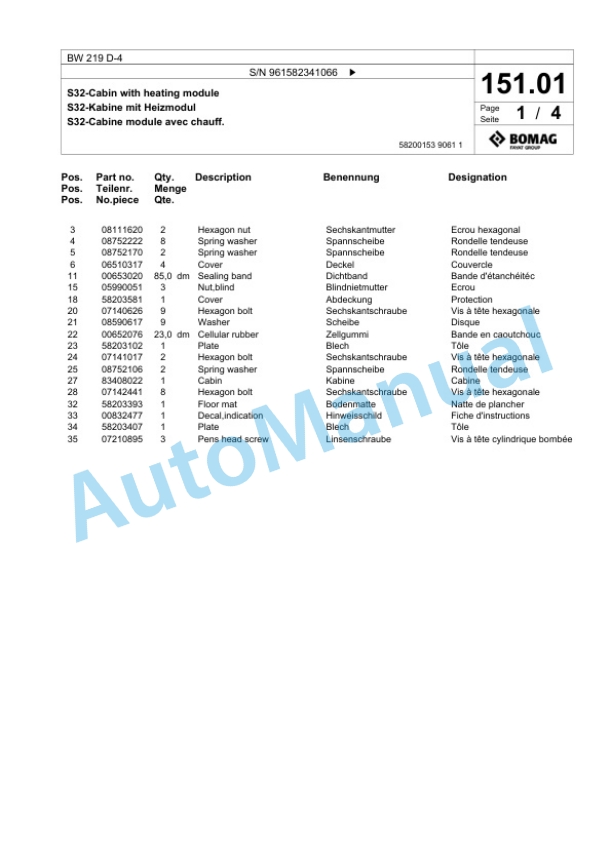 Bomag BW 219 D-4 Single Drum Wheel Drive Vibratory Roller Spare Parts Catalogue 00826179-4