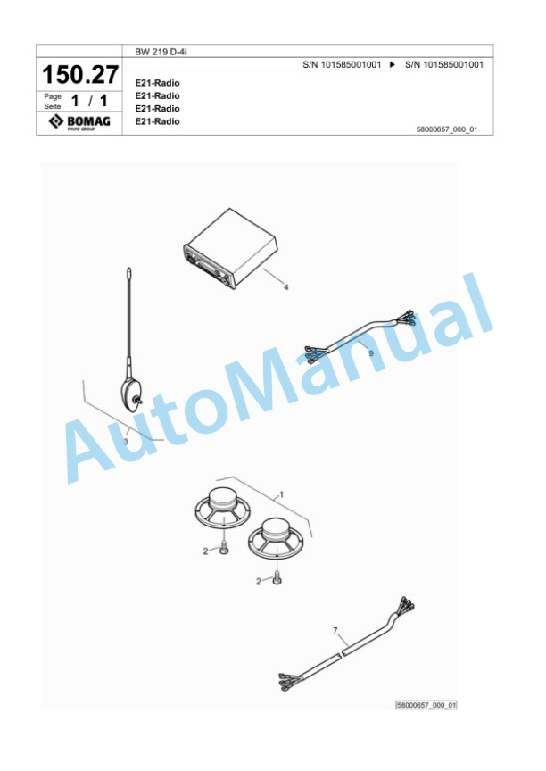 Bomag BW 219 D-4i Single Drum Wheel Drive Vibratory Roller Spare Parts Catalogue 00817817-4