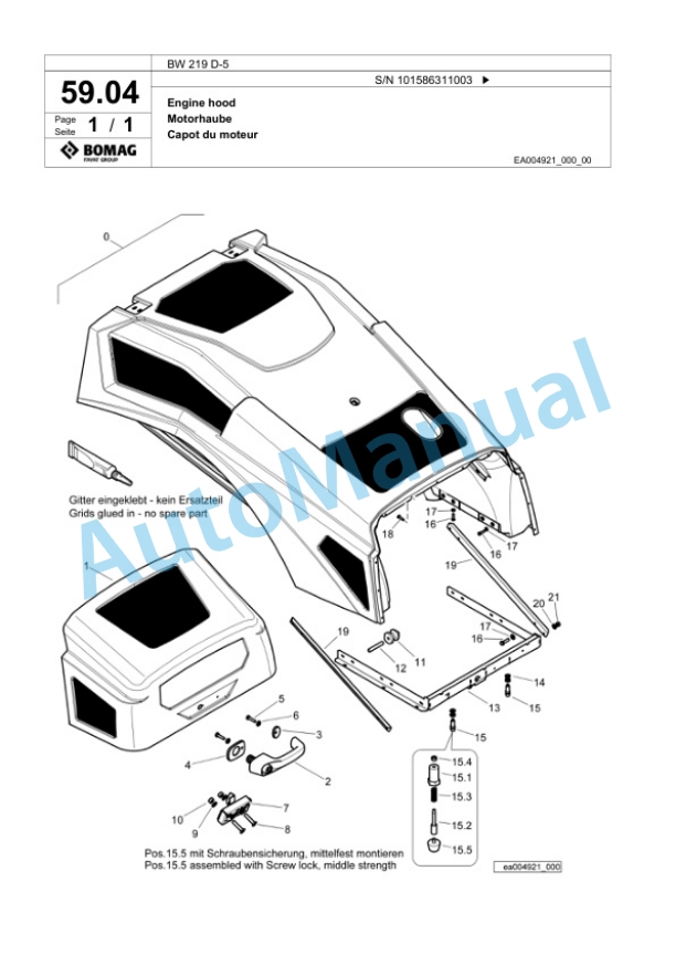 Bomag BW 219 D-5 Single Drum Wheel Drive Vibratory Roller Spare Parts Catalogue 00824829-2
