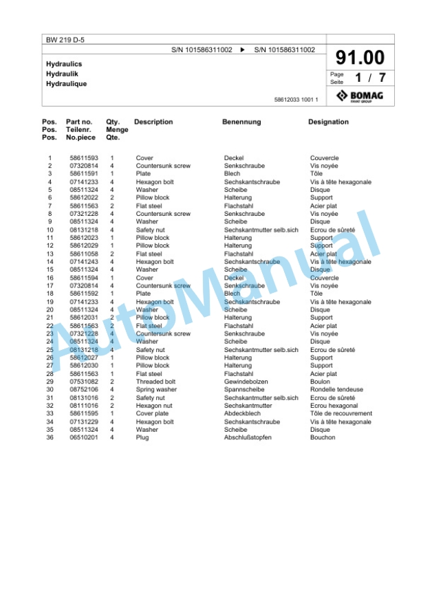 Bomag BW 219 D-5 Single Drum Wheel Drive Vibratory Roller Spare Parts Catalogue 00824829-3