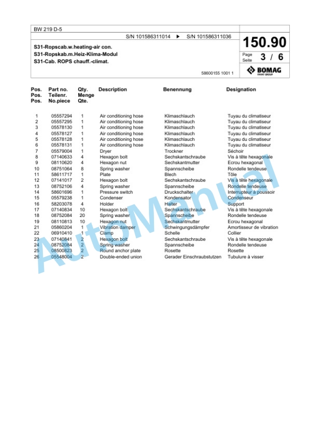 Bomag BW 219 D-5 Single Drum Wheel Drive Vibratory Roller Spare Parts Catalogue 00824829-5