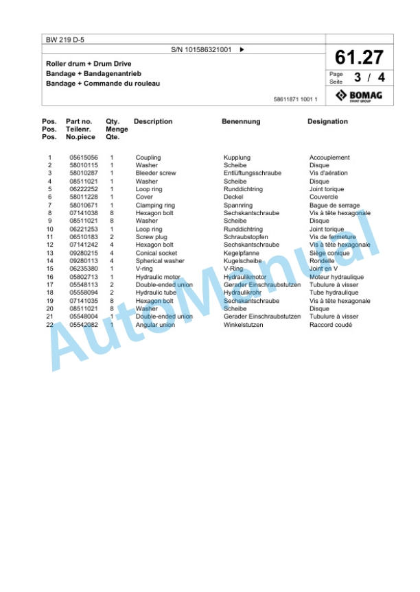 Bomag BW 219 D-5 Single Drum Wheel Drive Vibratory Roller Spare Parts Catalogue 00824873-2