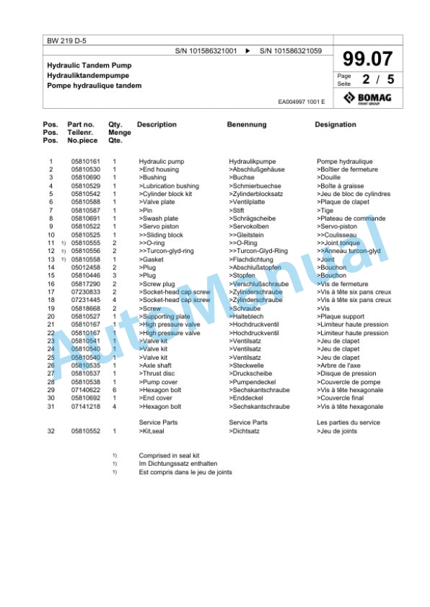 Bomag BW 219 D-5 Single Drum Wheel Drive Vibratory Roller Spare Parts Catalogue 00824873-3