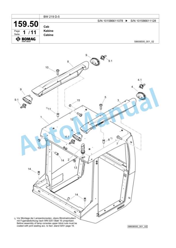 Bomag BW 219 D-5 Single Drum Wheel Drive Vibratory Roller Spare Parts Catalogue 00825219-4